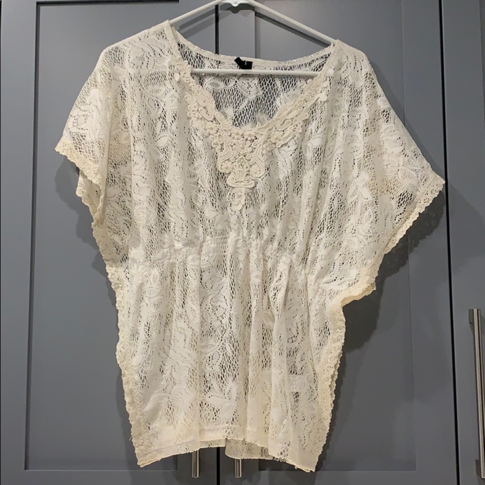 Ivory Lace Coverup Top Elastic Waist